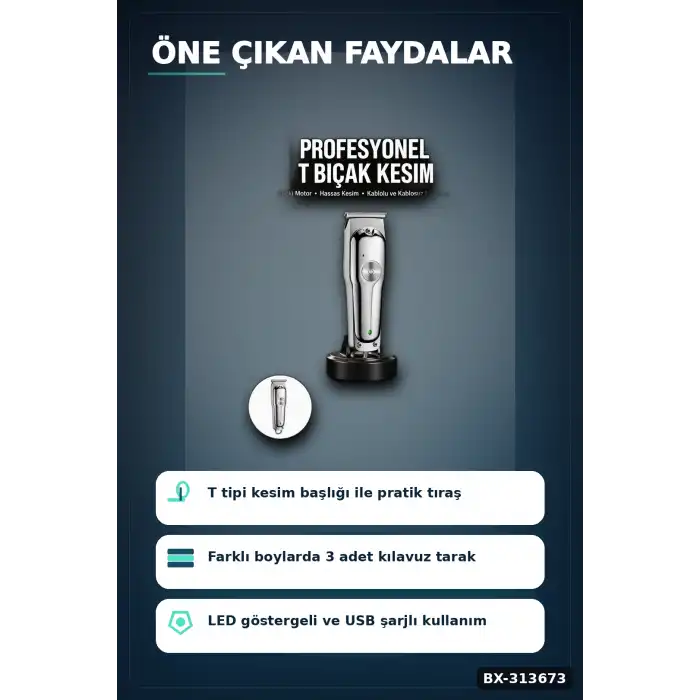 Lityum Pilli 600mAh Saç Sakal Kısaltma Makinesi 3 Taraklı USB Şarj LED Ekran BX-313673