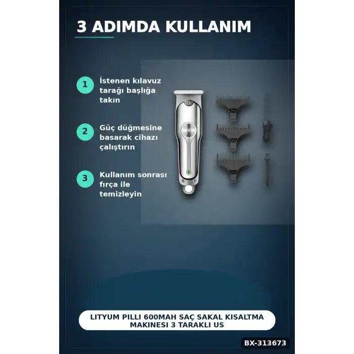 Lityum Pilli 600mAh Saç Sakal Kısaltma Makinesi 3 Taraklı USB Şarj LED Ekran BX-313673