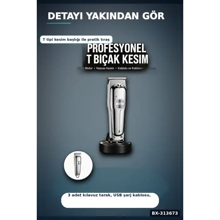 Lityum Pilli 600mAh Saç Sakal Kısaltma Makinesi 3 Taraklı USB Şarj LED Ekran BX-313673