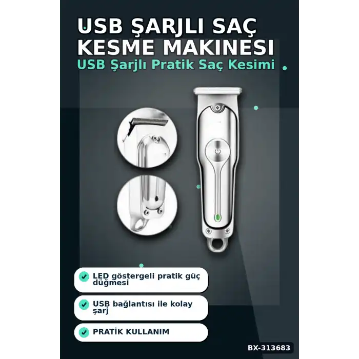 3 Ayarlı Kılavuz Taraklı 120 Dakika Çalışan USB Şarjlı Saç Kesme Makinesi BX-313683