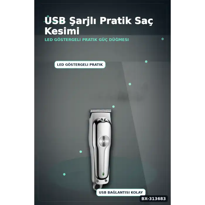 3 Ayarlı Kılavuz Taraklı 120 Dakika Çalışan USB Şarjlı Saç Kesme Makinesi BX-313683
