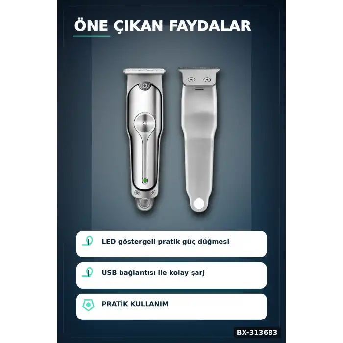 3 Ayarlı Kılavuz Taraklı 120 Dakika Çalışan USB Şarjlı Saç Kesme Makinesi BX-313683