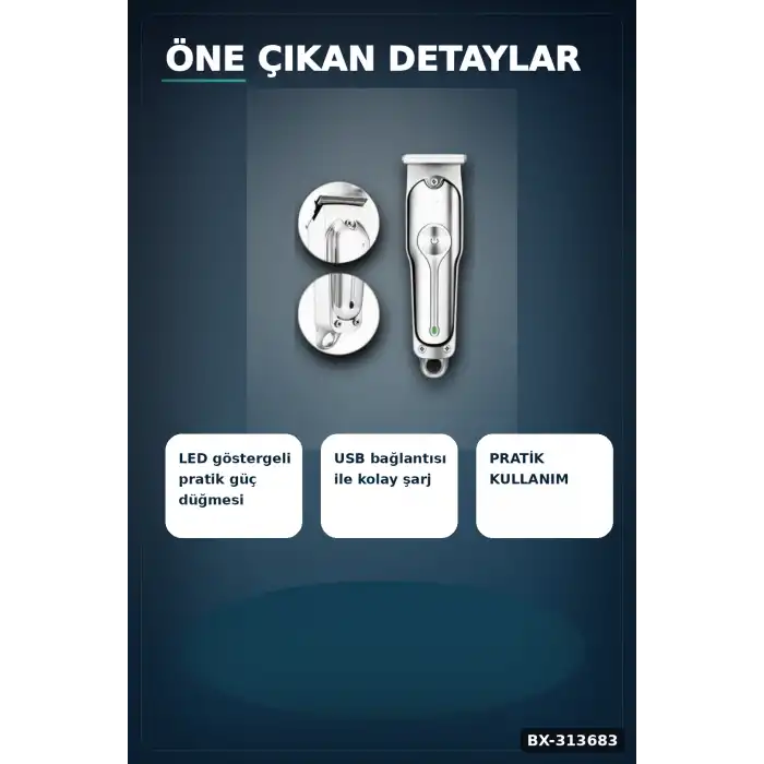 3 Ayarlı Kılavuz Taraklı 120 Dakika Çalışan USB Şarjlı Saç Kesme Makinesi BX-313683