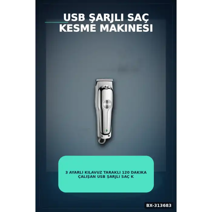 3 Ayarlı Kılavuz Taraklı 120 Dakika Çalışan USB Şarjlı Saç Kesme Makinesi BX-313683