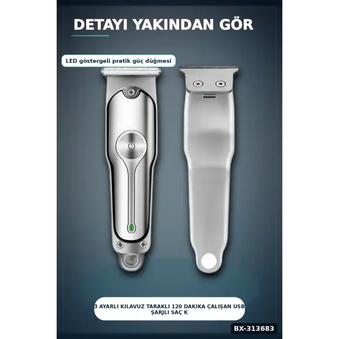 3 Ayarlı Kılavuz Taraklı 120 Dakika Çalışan USB Şarjlı Saç Kesme Makinesi BX-313683