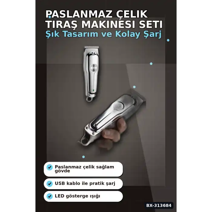 Paslanmaz Çelik 3 Taraklı Saç Sakal Düzeltici Tıraş Makinesi Seti, Şarjlı Taşınabilir BX-313684