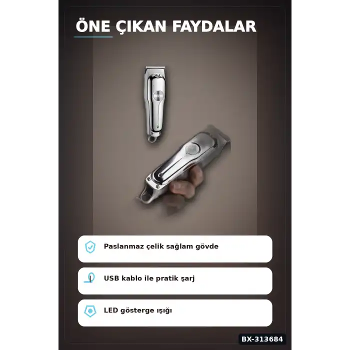 Paslanmaz Çelik 3 Taraklı Saç Sakal Düzeltici Tıraş Makinesi Seti, Şarjlı Taşınabilir BX-313684