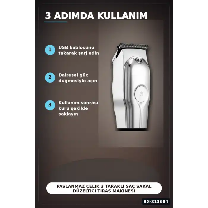 Paslanmaz Çelik 3 Taraklı Saç Sakal Düzeltici Tıraş Makinesi Seti, Şarjlı Taşınabilir BX-313684