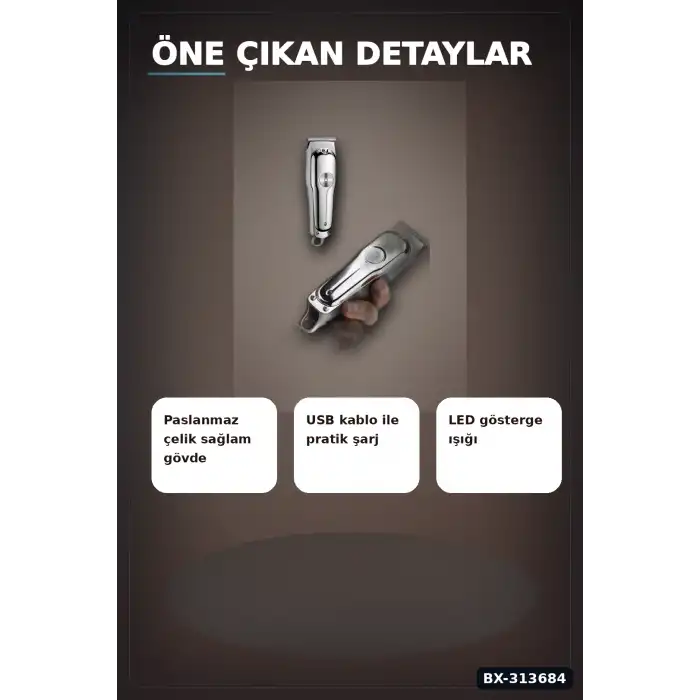 Paslanmaz Çelik 3 Taraklı Saç Sakal Düzeltici Tıraş Makinesi Seti, Şarjlı Taşınabilir BX-313684