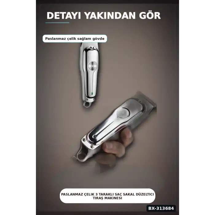 Paslanmaz Çelik 3 Taraklı Saç Sakal Düzeltici Tıraş Makinesi Seti, Şarjlı Taşınabilir BX-313684