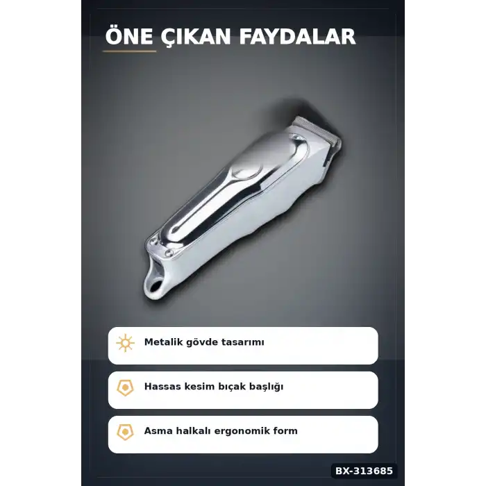 3 Başlıklı Şarjlı Tıraş Makinesi Paslanmaz Çelik Taraklı 14 cm 40 gr Sakal Saç Ense Tıraşı BX-313685