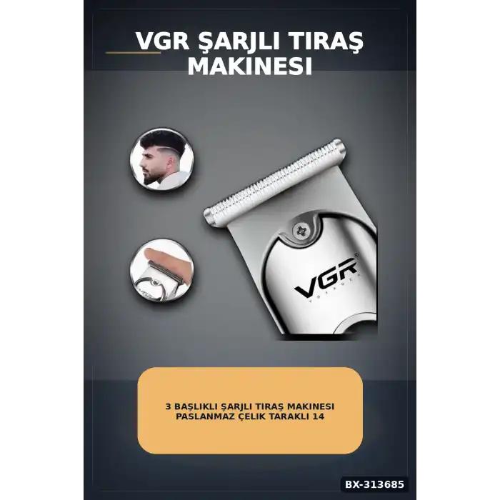 3 Başlıklı Şarjlı Tıraş Makinesi Paslanmaz Çelik Taraklı 14 cm 40 gr Sakal Saç Ense Tıraşı BX-313685