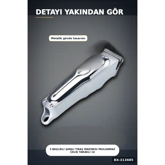 3 Başlıklı Şarjlı Tıraş Makinesi Paslanmaz Çelik Taraklı 14 cm 40 gr Sakal Saç Ense Tıraşı BX-313685