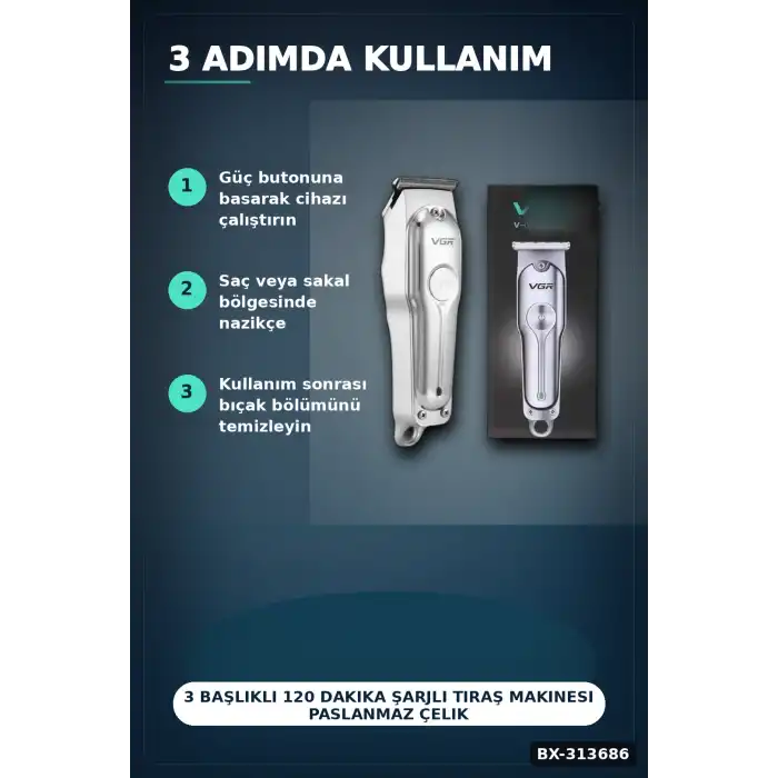 3 Başlıklı 120 Dakika Şarjlı Tıraş Makinesi Paslanmaz Çelik Bıçak Sakal Ve Saç Kesme BX-313686