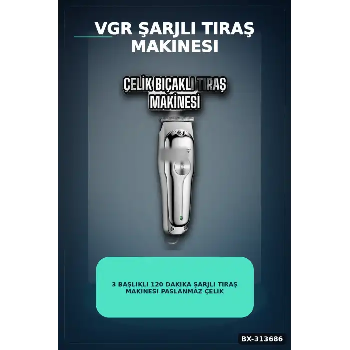 3 Başlıklı 120 Dakika Şarjlı Tıraş Makinesi Paslanmaz Çelik Bıçak Sakal Ve Saç Kesme BX-313686