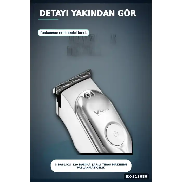 3 Başlıklı 120 Dakika Şarjlı Tıraş Makinesi Paslanmaz Çelik Bıçak Sakal Ve Saç Kesme BX-313686