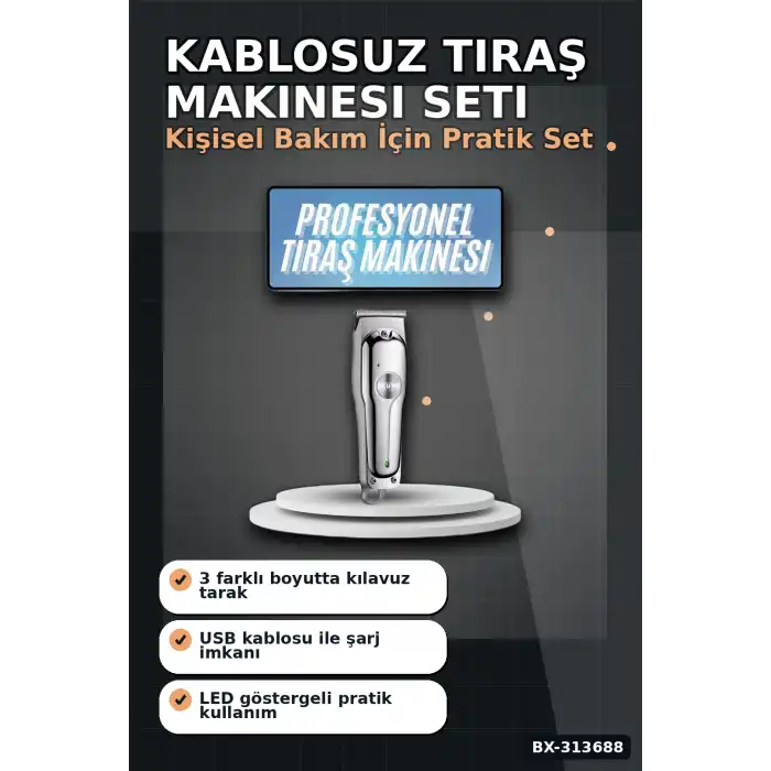 Turbo Hızlı 600 mAh Lityum Pil Saç Sakal Tıraş Makinesi - 3 Taraklı Kablosuz BX-313688