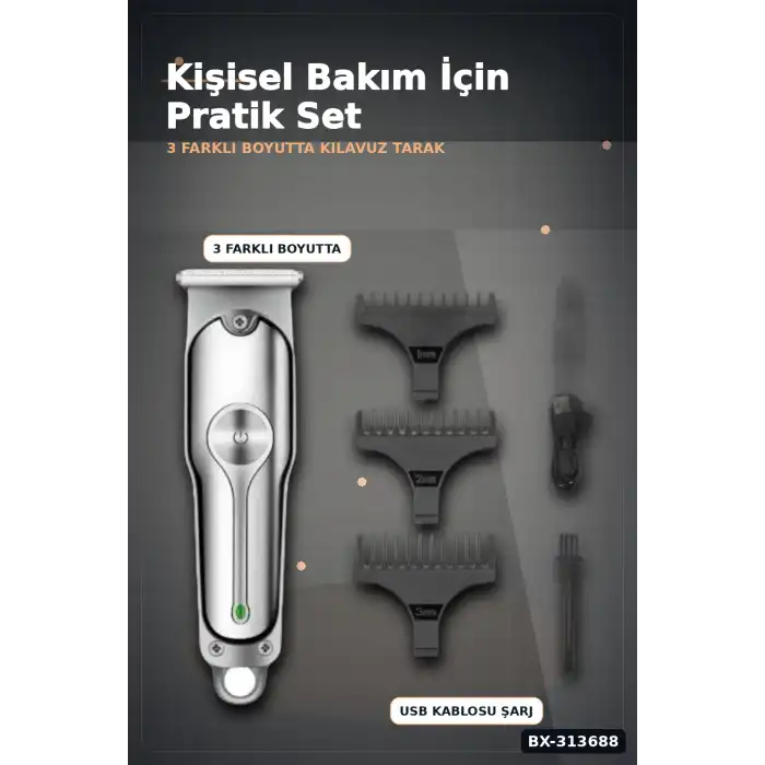 Turbo Hızlı 600 mAh Lityum Pil Saç Sakal Tıraş Makinesi - 3 Taraklı Kablosuz BX-313688
