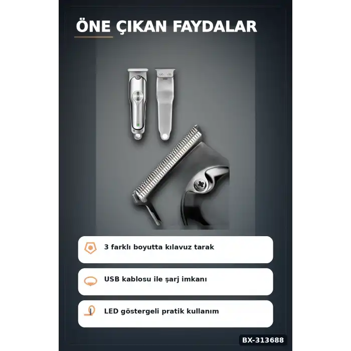 Turbo Hızlı 600 mAh Lityum Pil Saç Sakal Tıraş Makinesi - 3 Taraklı Kablosuz BX-313688