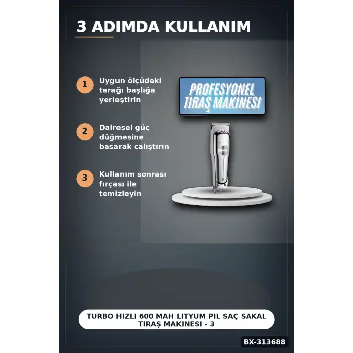 Turbo Hızlı 600 mAh Lityum Pil Saç Sakal Tıraş Makinesi - 3 Taraklı Kablosuz BX-313688
