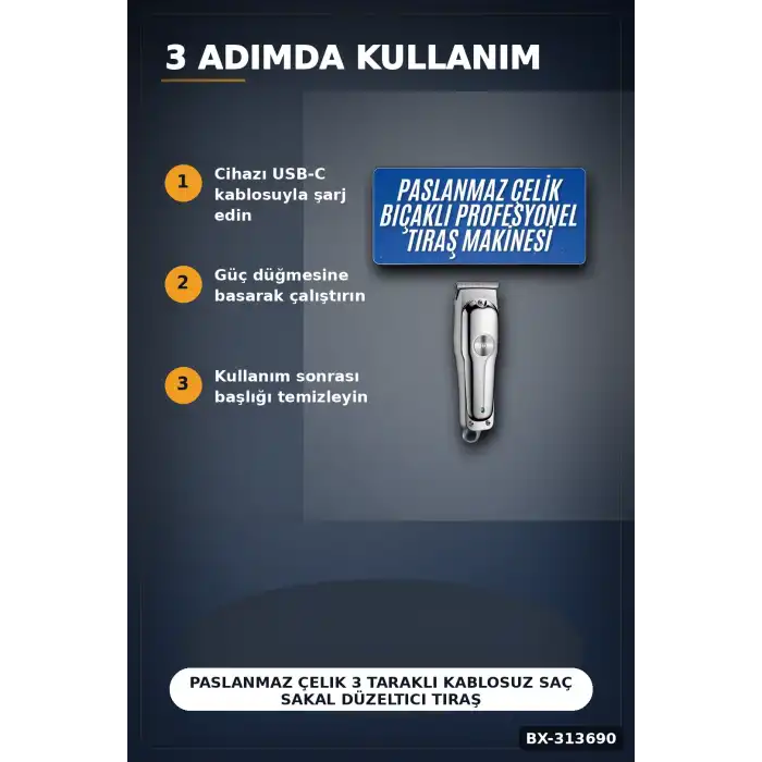 Paslanmaz Çelik 3 Taraklı Kablosuz Saç Sakal Düzeltici Tıraş Makinesi Seti BX-313690