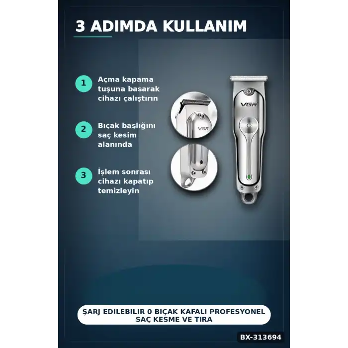 Şarj Edilebilir 0 Bıçak Kafalı Profesyonel Saç Kesme Ve Tıraş Makinesi BX-313694
