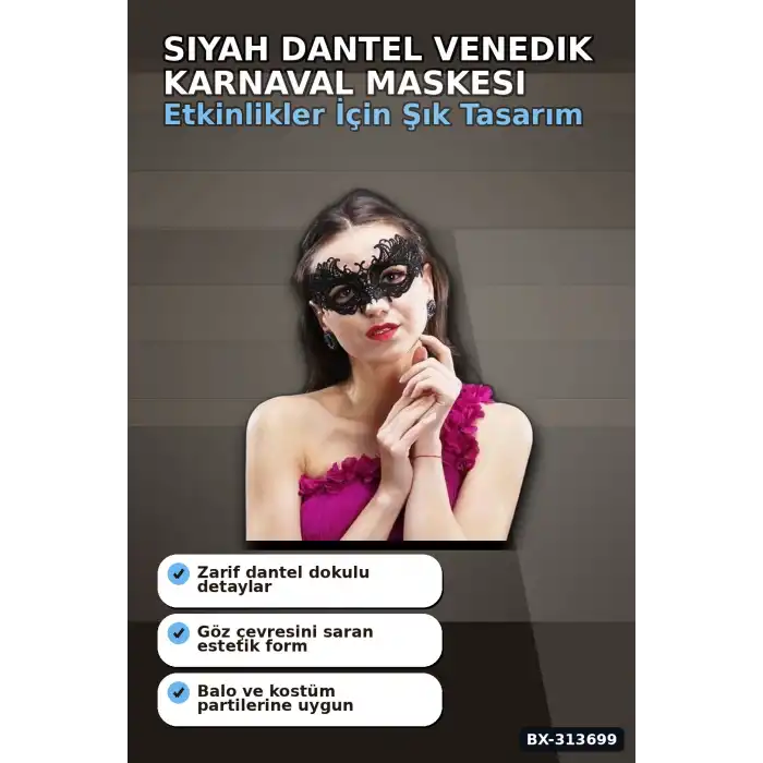 Dantel İşlemeli Siyah Venedik Karnaval Maskesi 10x23 Cm Yetişkin Balo Aksesuarı BX-313699