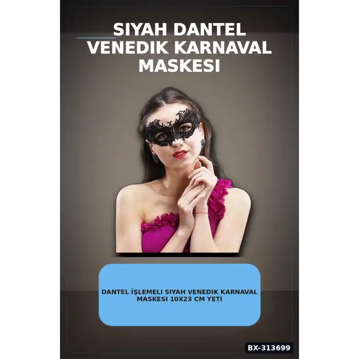 Dantel İşlemeli Siyah Venedik Karnaval Maskesi 10x23 Cm Yetişkin Balo Aksesuarı BX-313699