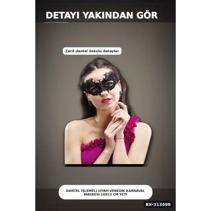 Dantel İşlemeli Siyah Venedik Karnaval Maskesi 10x23 Cm Yetişkin Balo Aksesuarı BX-313699