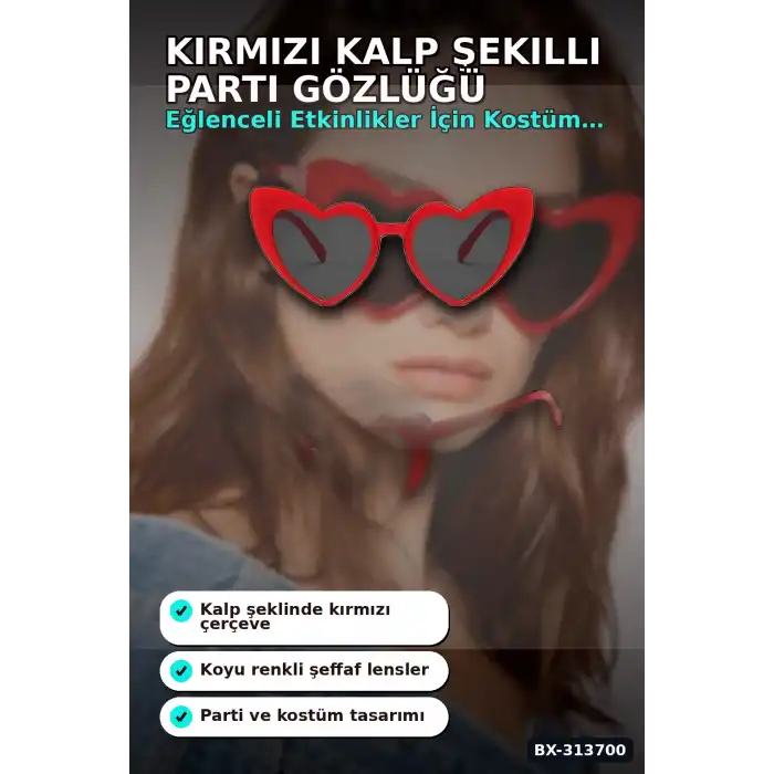 Kırmızı Kalp Şekilli Parti Gözlüğü 15x5 Cm 40 Adet Toplu Kullanımlık Plastik BX-313700