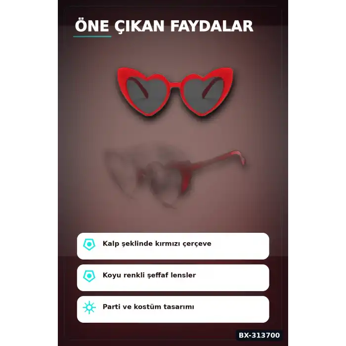 Kırmızı Kalp Şekilli Parti Gözlüğü 15x5 Cm 40 Adet Toplu Kullanımlık Plastik BX-313700