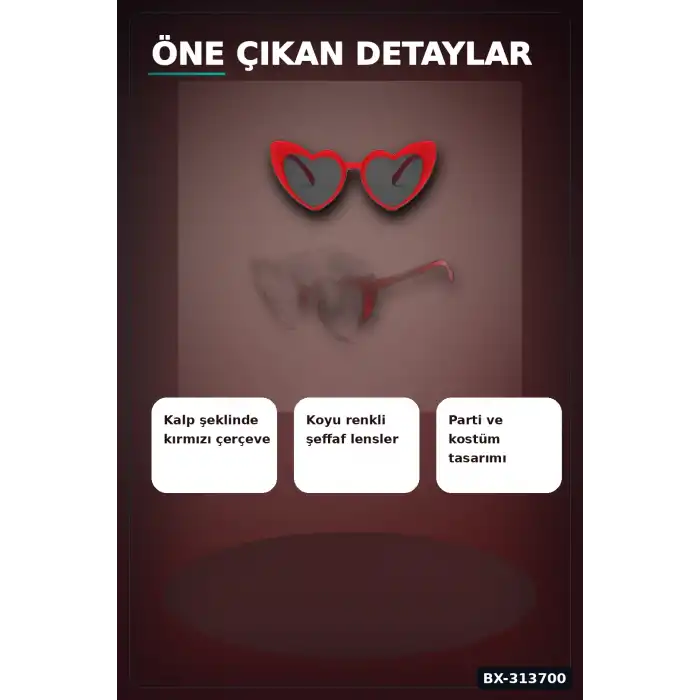 Kırmızı Kalp Şekilli Parti Gözlüğü 15x5 Cm 40 Adet Toplu Kullanımlık Plastik BX-313700