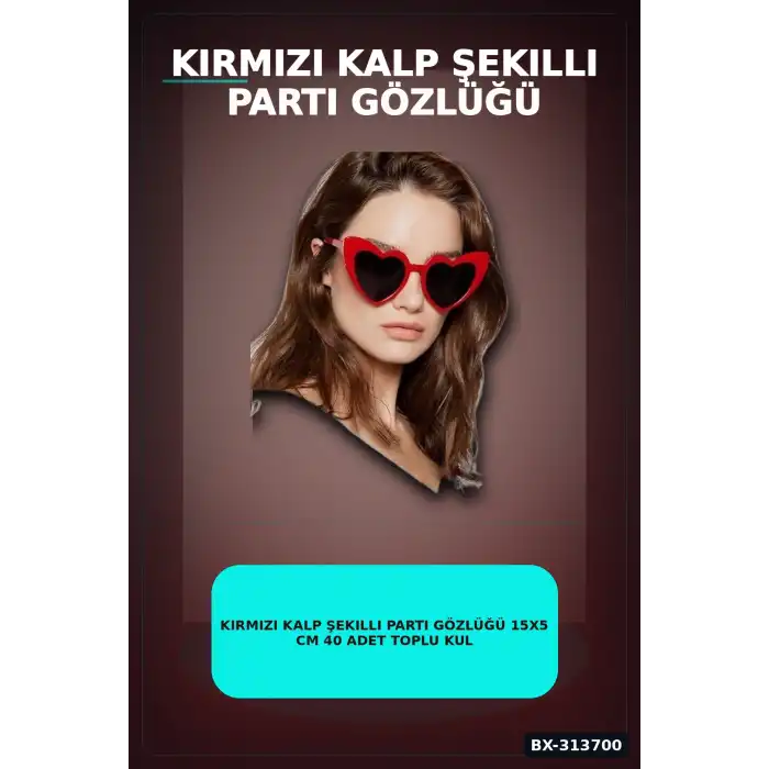 Kırmızı Kalp Şekilli Parti Gözlüğü 15x5 Cm 40 Adet Toplu Kullanımlık Plastik BX-313700