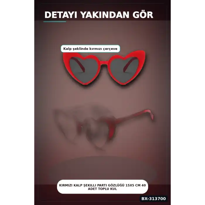Kırmızı Kalp Şekilli Parti Gözlüğü 15x5 Cm 40 Adet Toplu Kullanımlık Plastik BX-313700