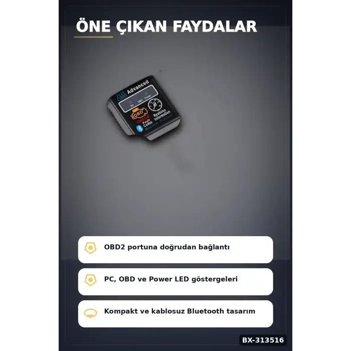 OBD2 Bluetooth Araç Arıza Tespit Cihazı - Motor Check Engine Okuyucu ve Sıfırlama BX-313516