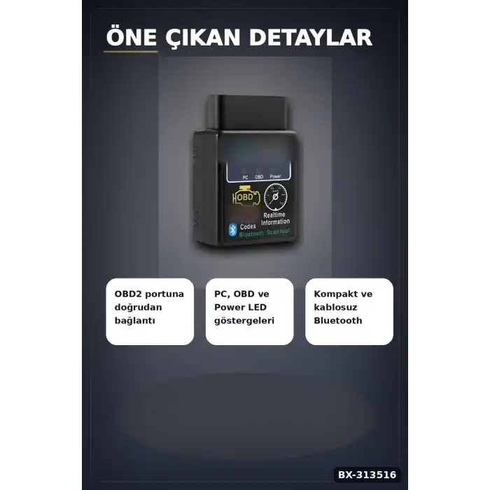OBD2 Bluetooth Araç Arıza Tespit Cihazı - Motor Check Engine Okuyucu ve Sıfırlama BX-313516