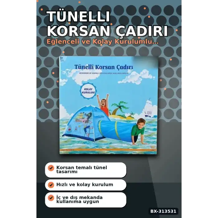 Tünelli Korsan Oyun Çadırı 33x25x40 cm Çocuk Bahçe Ve Dış Mekan Hediyesi BX-313531