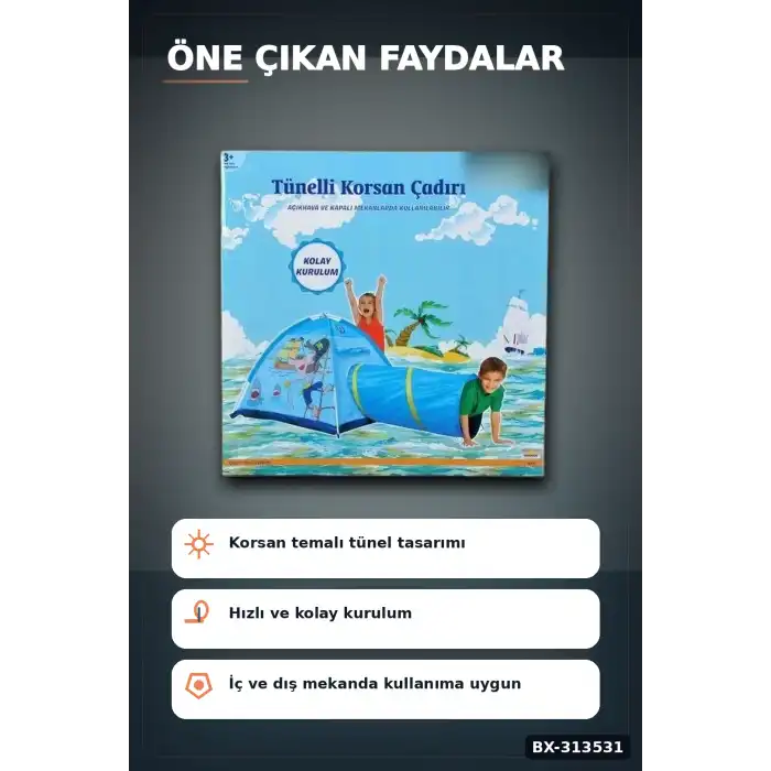 Tünelli Korsan Oyun Çadırı 33x25x40 cm Çocuk Bahçe Ve Dış Mekan Hediyesi BX-313531