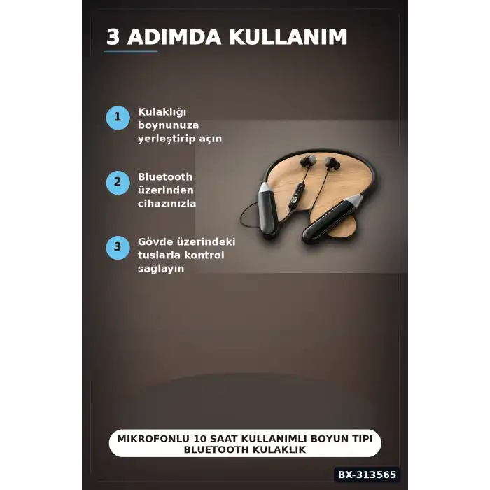 Mikrofonlu 10 Saat Kullanımlı Boyun Tipi Bluetooth Kulaklık Ofis Seyahat BX-313565