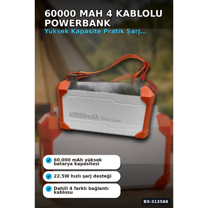 Acil Durum Işıklı 60000 mAh Powerbank - 4 Kablolu 22.5W Hızlı Şarj, Taşıma Saplı BX-313566