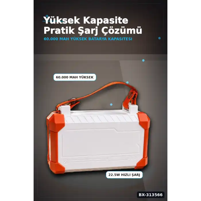 Acil Durum Işıklı 60000 mAh Powerbank - 4 Kablolu 22.5W Hızlı Şarj, Taşıma Saplı BX-313566