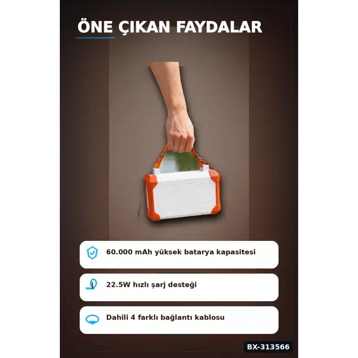 Acil Durum Işıklı 60000 mAh Powerbank - 4 Kablolu 22.5W Hızlı Şarj, Taşıma Saplı BX-313566