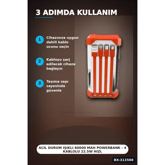 Acil Durum Işıklı 60000 mAh Powerbank - 4 Kablolu 22.5W Hızlı Şarj, Taşıma Saplı BX-313566