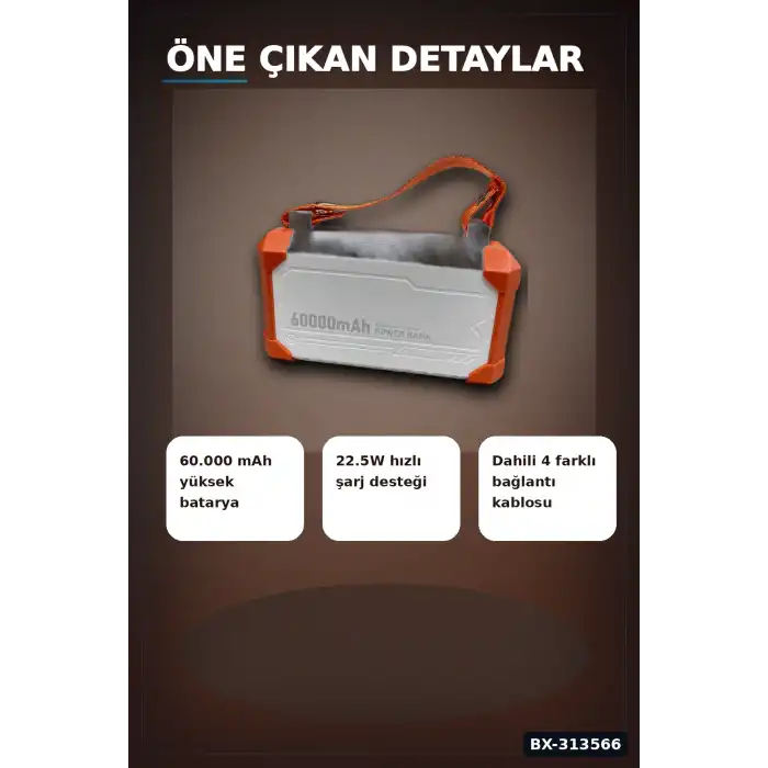 Acil Durum Işıklı 60000 mAh Powerbank - 4 Kablolu 22.5W Hızlı Şarj, Taşıma Saplı BX-313566