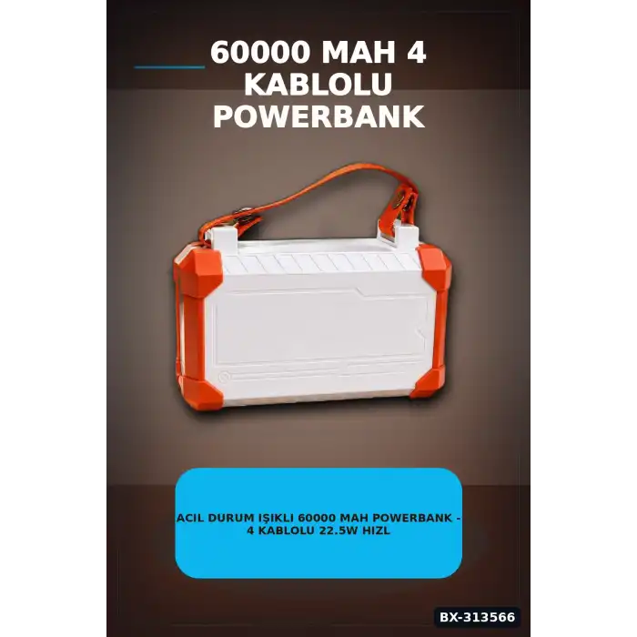 Acil Durum Işıklı 60000 mAh Powerbank - 4 Kablolu 22.5W Hızlı Şarj, Taşıma Saplı BX-313566