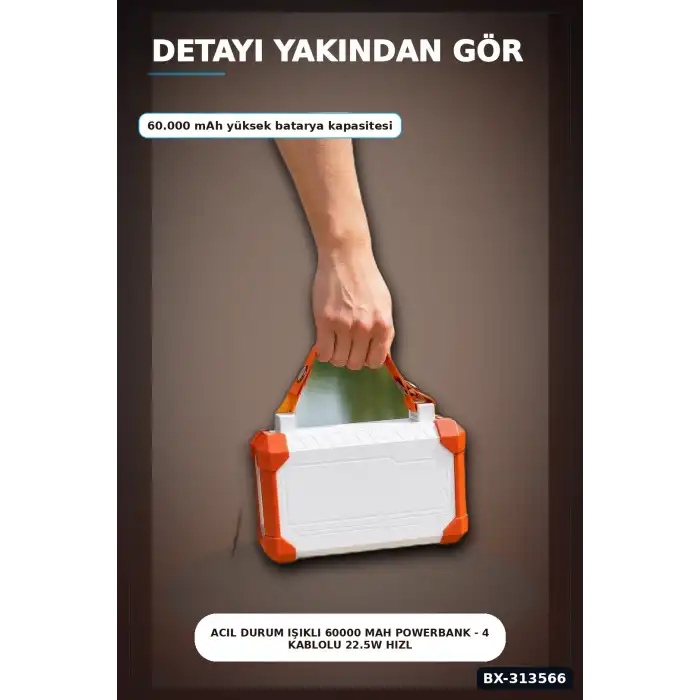 Acil Durum Işıklı 60000 mAh Powerbank - 4 Kablolu 22.5W Hızlı Şarj, Taşıma Saplı BX-313566