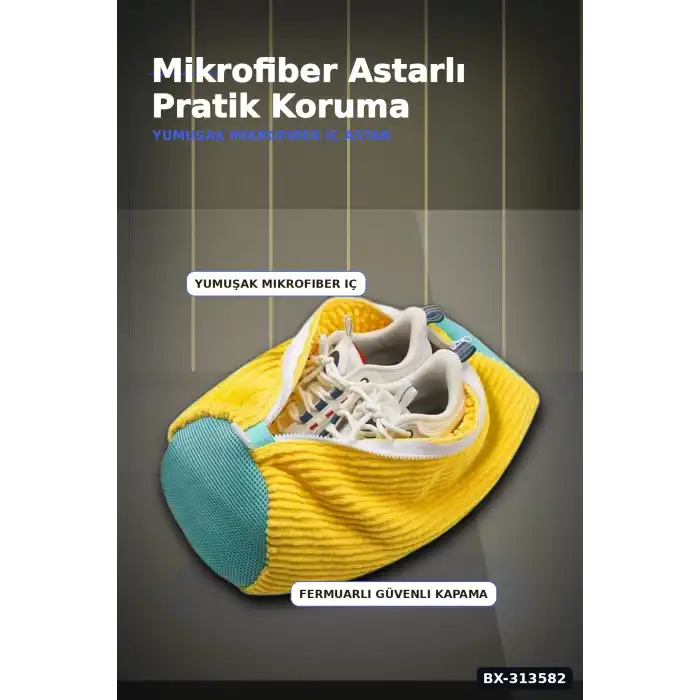Mikrofiber Astarlı 1 Adet Ayakkabı Yıkama Torbası - Fermuarlı Spor Ayakkabı Koruyucu BX-313582