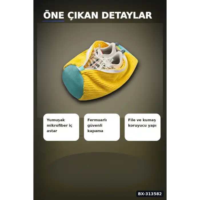 Mikrofiber Astarlı 1 Adet Ayakkabı Yıkama Torbası - Fermuarlı Spor Ayakkabı Koruyucu BX-313582