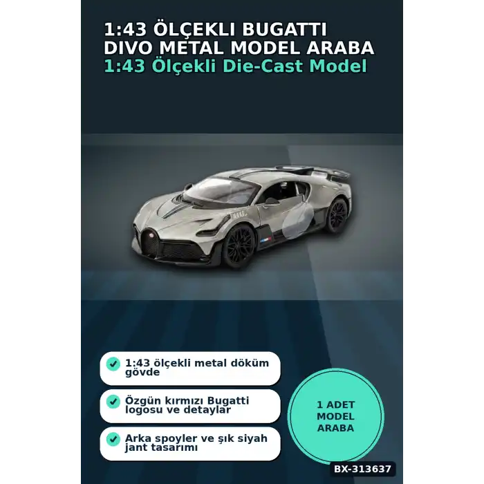 1:43 Ölçekli Bugatti Divo Lisanslı Metal Model Araba - Çek Bırak Oyuncak BX-313637