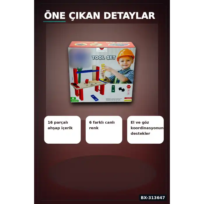 16 Parça Renkli Ahşap Tamir Seti Kutusu 31.5x14x29 cm Çocuk Eğitici Oyuncak BX-313647